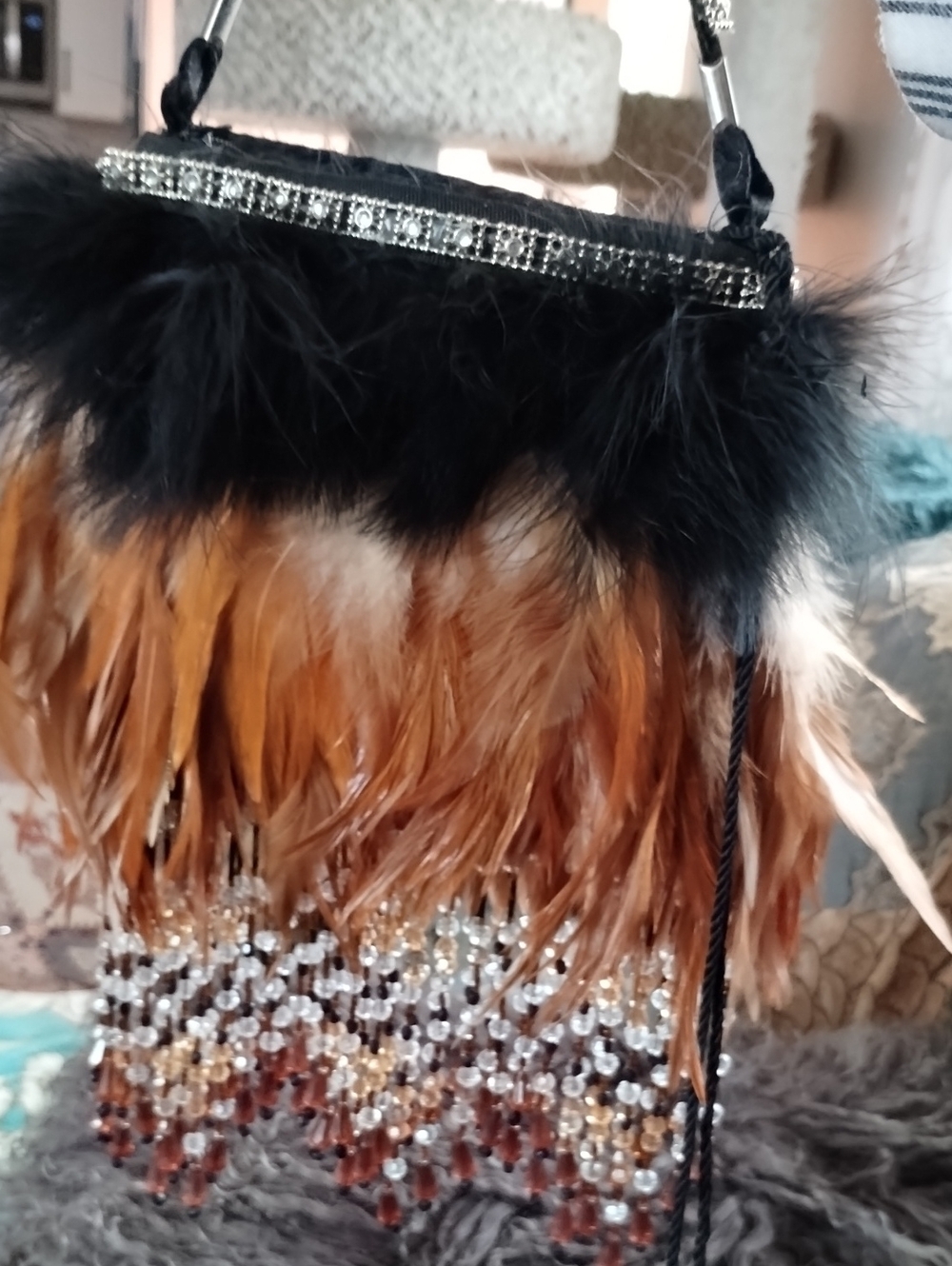 Boho Feather Beaded Evening Bag in Black and Brown